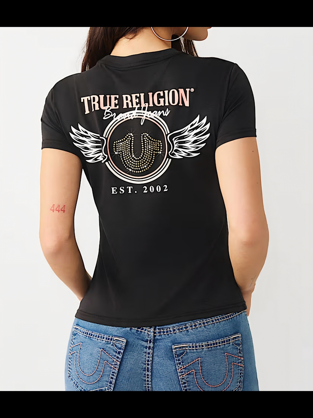 True Religion Horseshoe Rhinestone Wing Crewneck T-shirt Jet Black size XL NWT - Picture 8 of 9